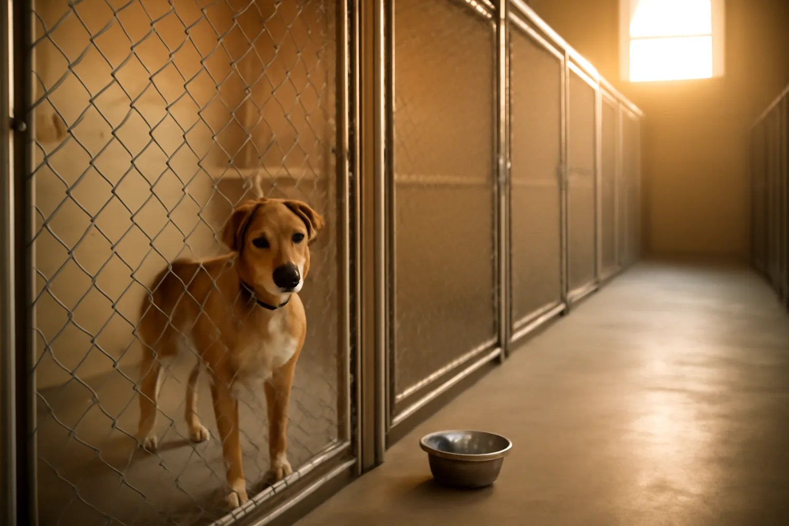Indoor pup kennel runs with a dog standing at the gate in afternoon light