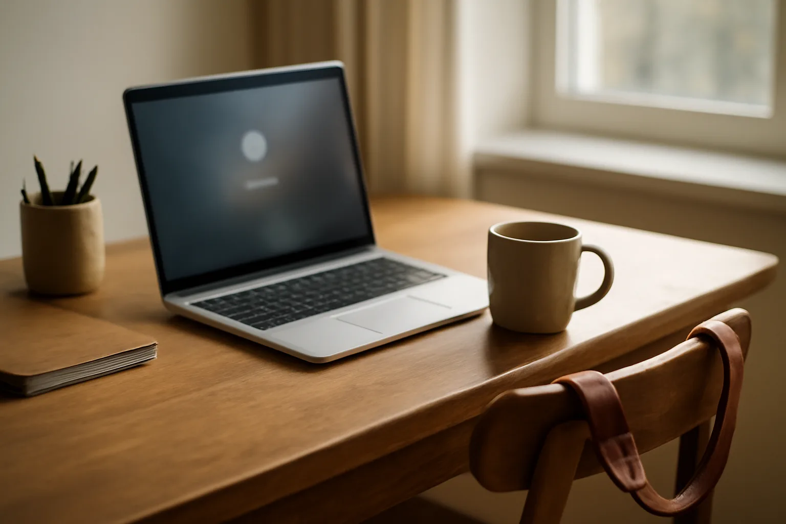 Laptop with blurred login screen on a desk near a dog leash and coffee mug