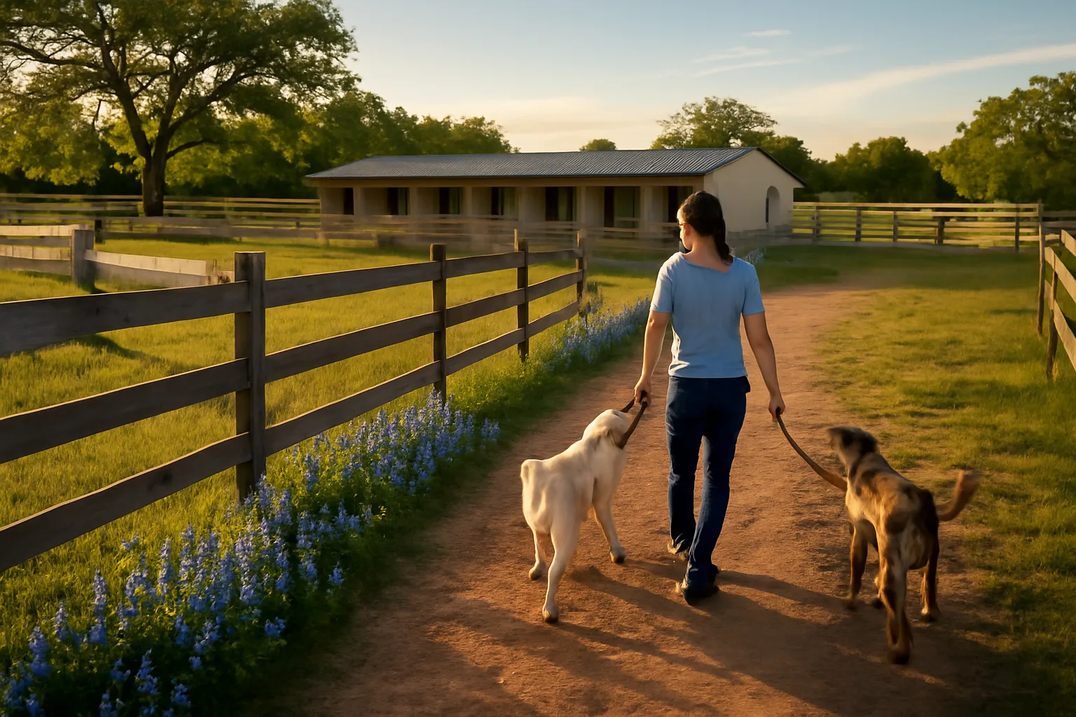 Rural dog boarding and breeding ranch with wildflower fence line at golden hour