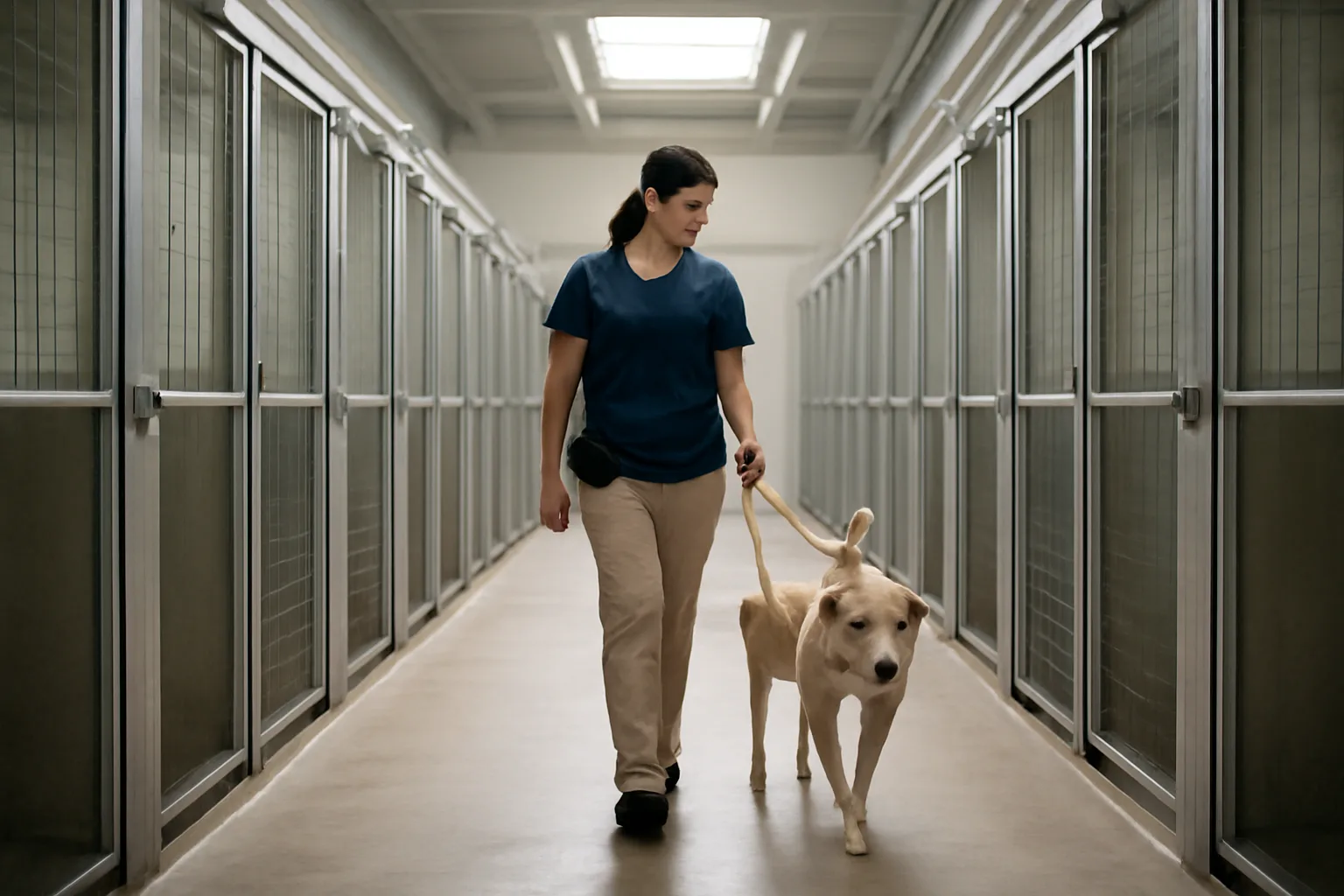 Staff member walking a dog past rows of clean kennel runs in a boarding division
