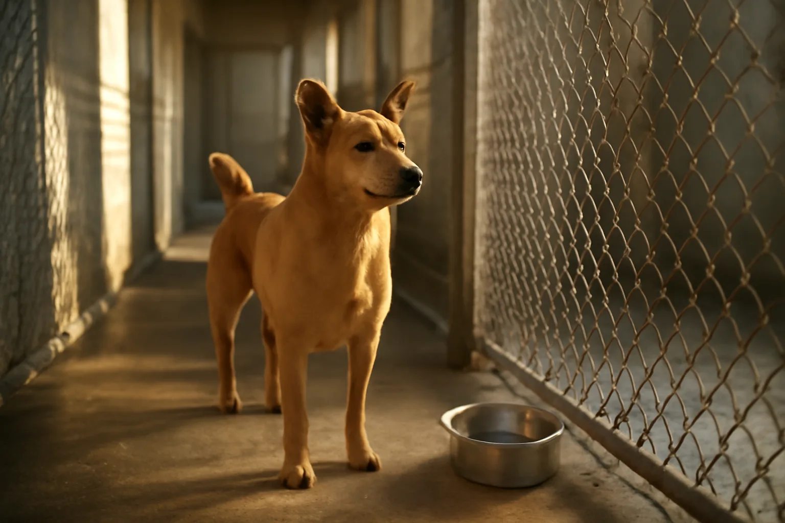 dog standing in a boarding facility kennel run at golden hour