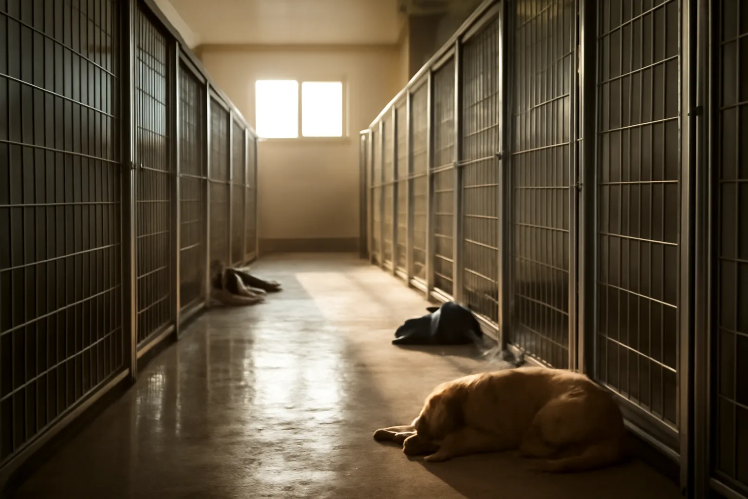 Sunlit hallway of a clean boarding facility with open dog runs and steel gates