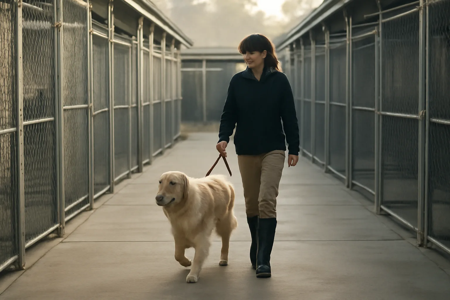 Staff member walking a dog past outdoor runs at a boarding kennel facility