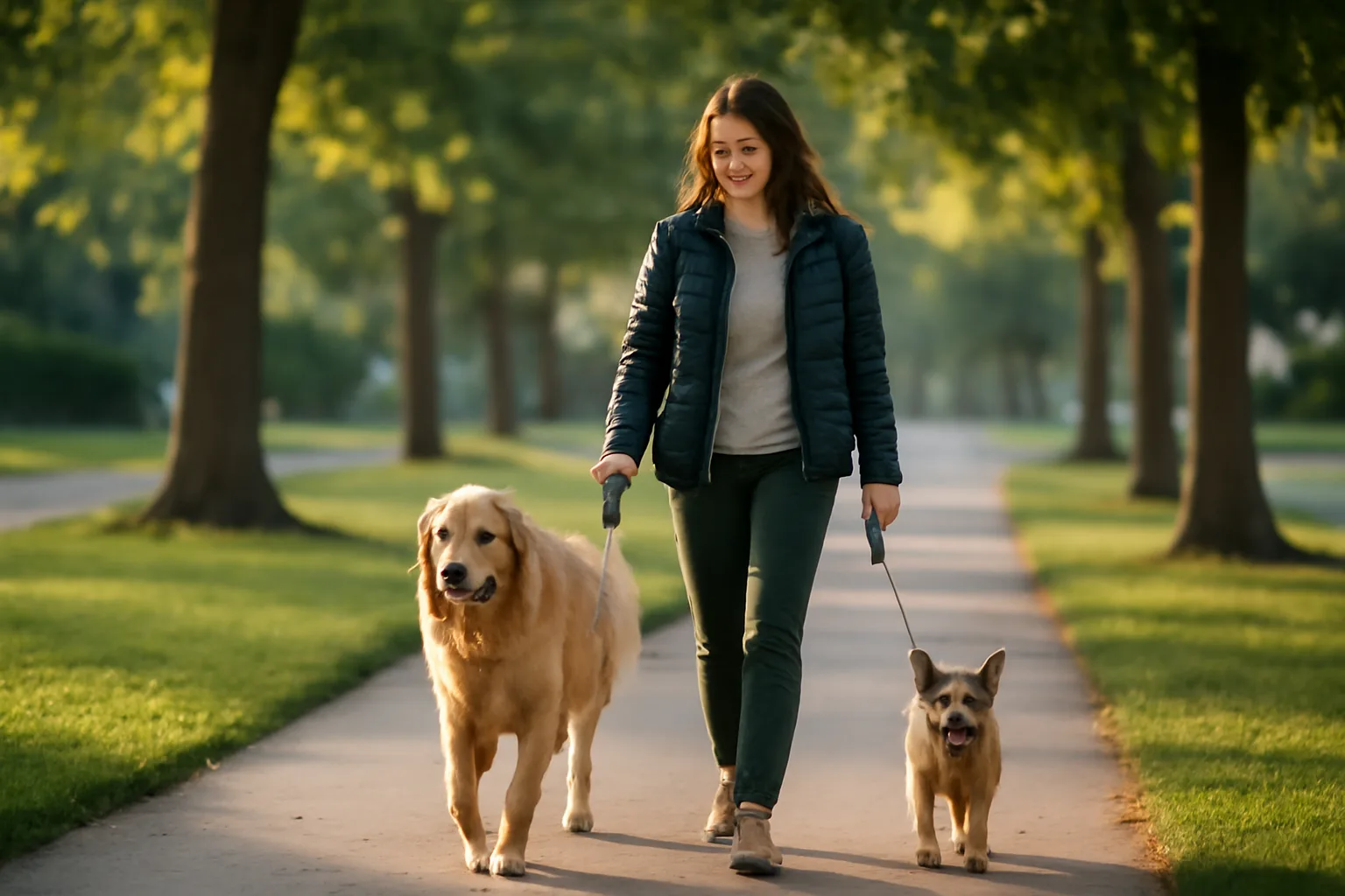 Dog walker walking two leashed dogs on a suburban sidewalk in morning light