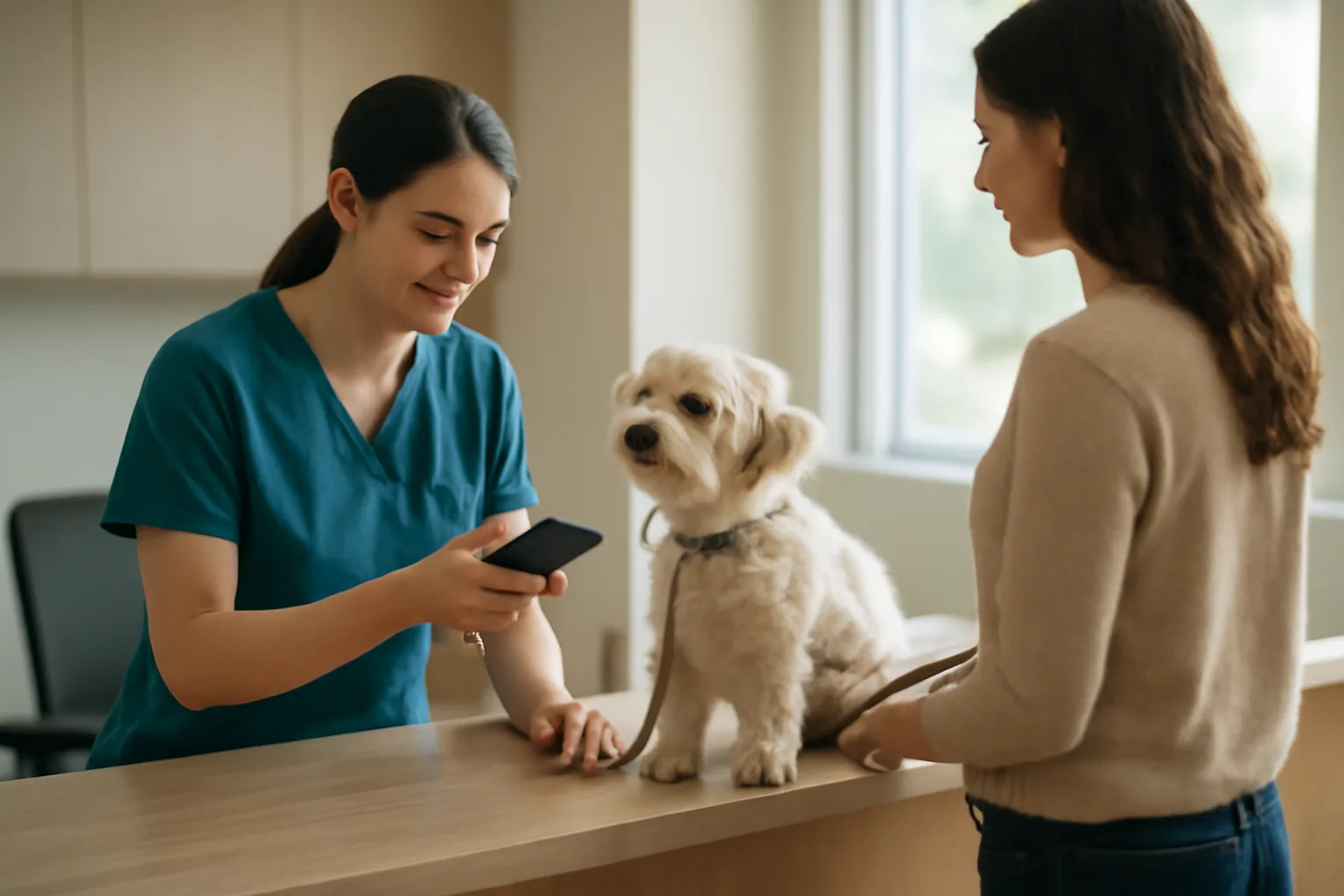 Vet clinic desk scene showing a dog owner completing certified pet registration steps