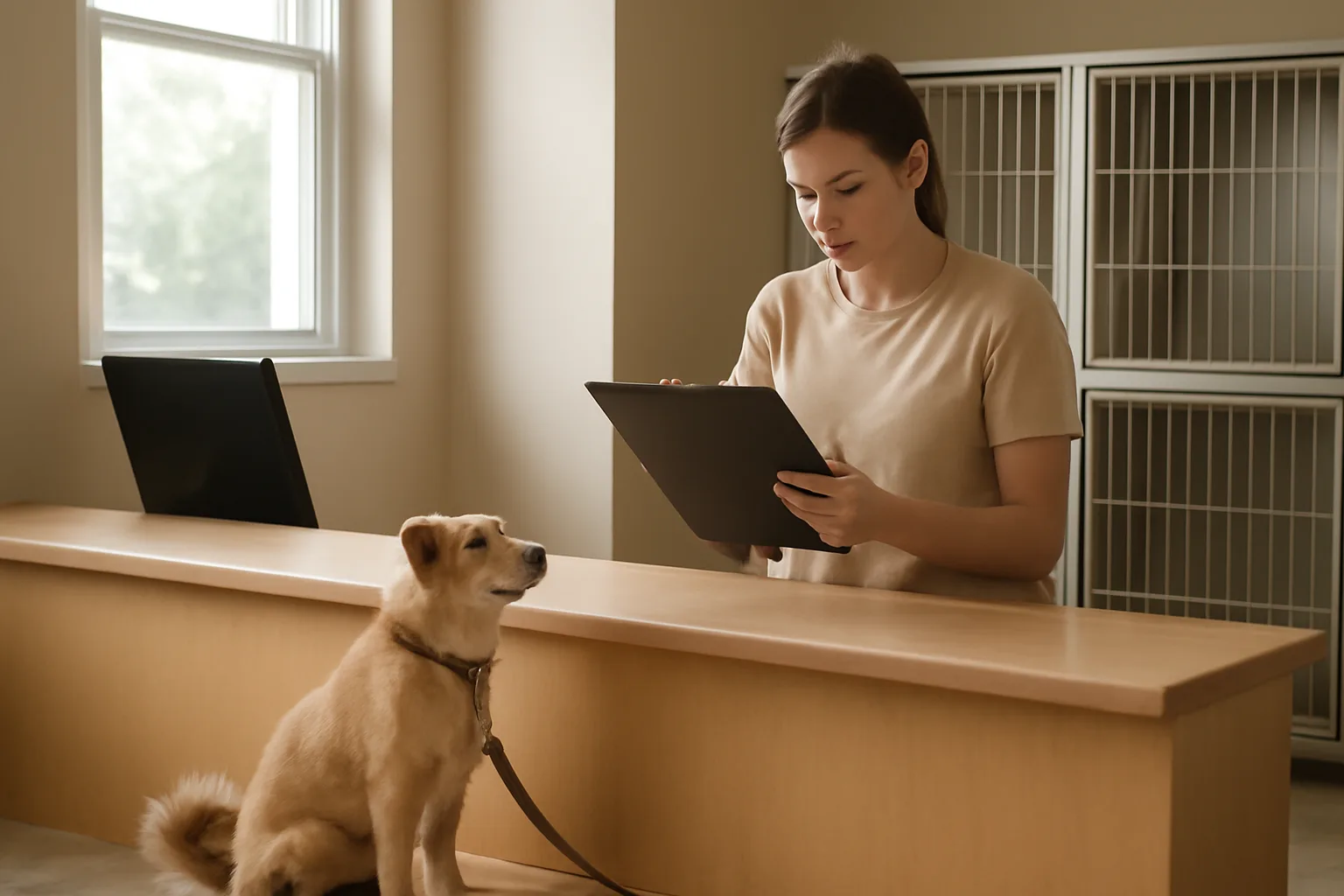 Kennel staff member reviewing intake paperwork at a boarding facility front desk