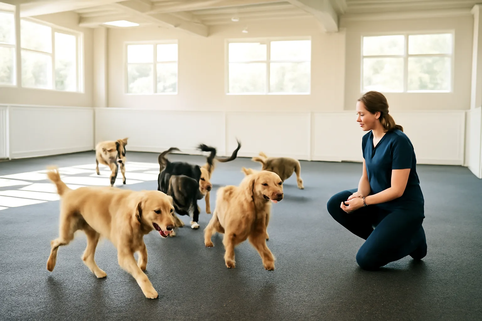 Staff member supervising dogs playing inside a dog day care center facility