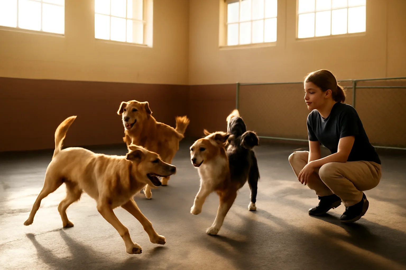 Staff member supervising dogs playing inside a dog daycare business facility