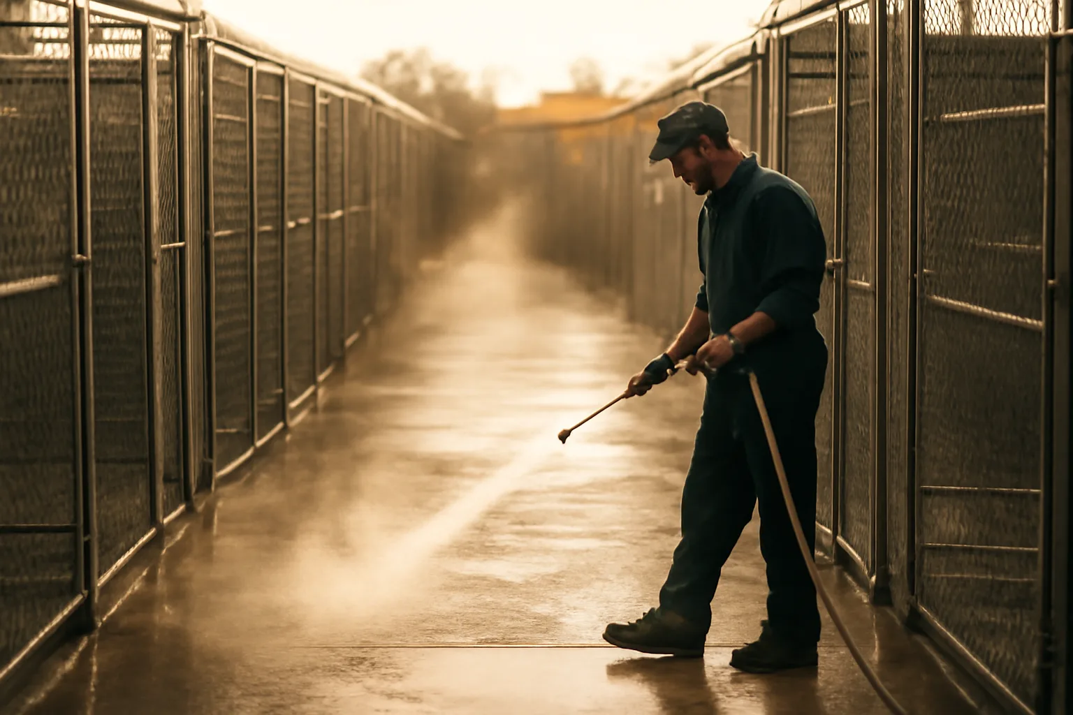 Staff member cleaning outdoor dog kenneling services runs at sunrise