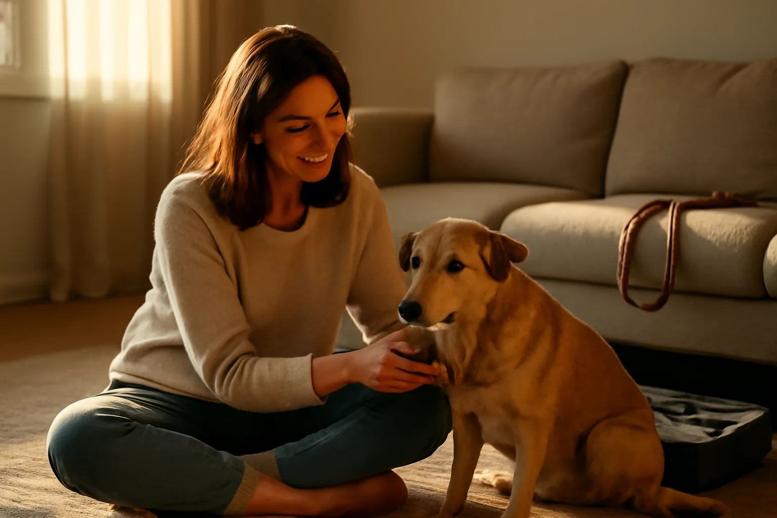 Dog nanny brushing a client's dog in a home living room during an overnight stay