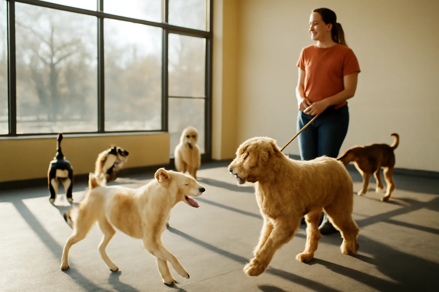 Dogs playing together in a bright indoor doggy daycare play area