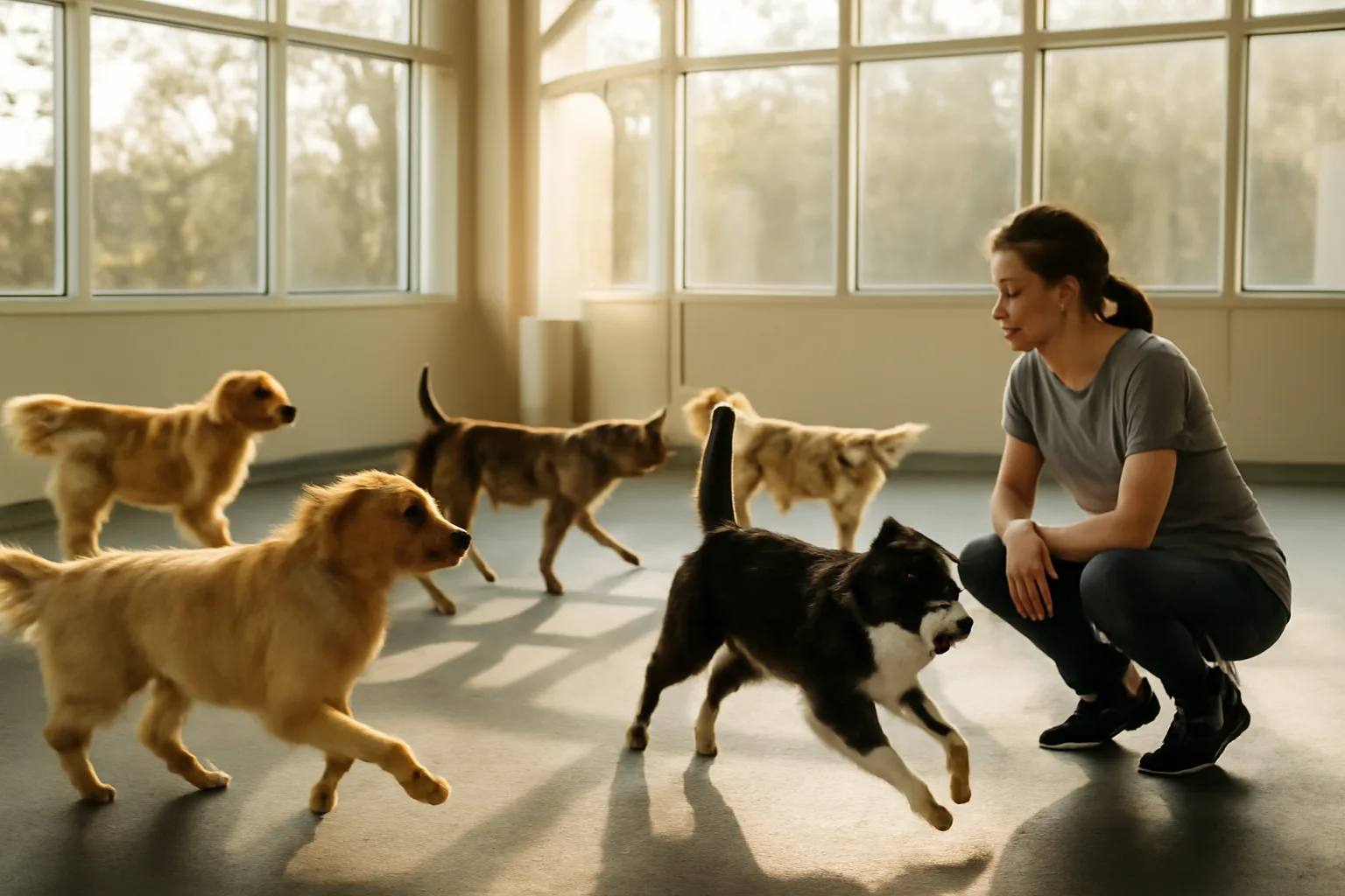 Indoor dog daycare play room with several dogs and a staff supervisor, morning light