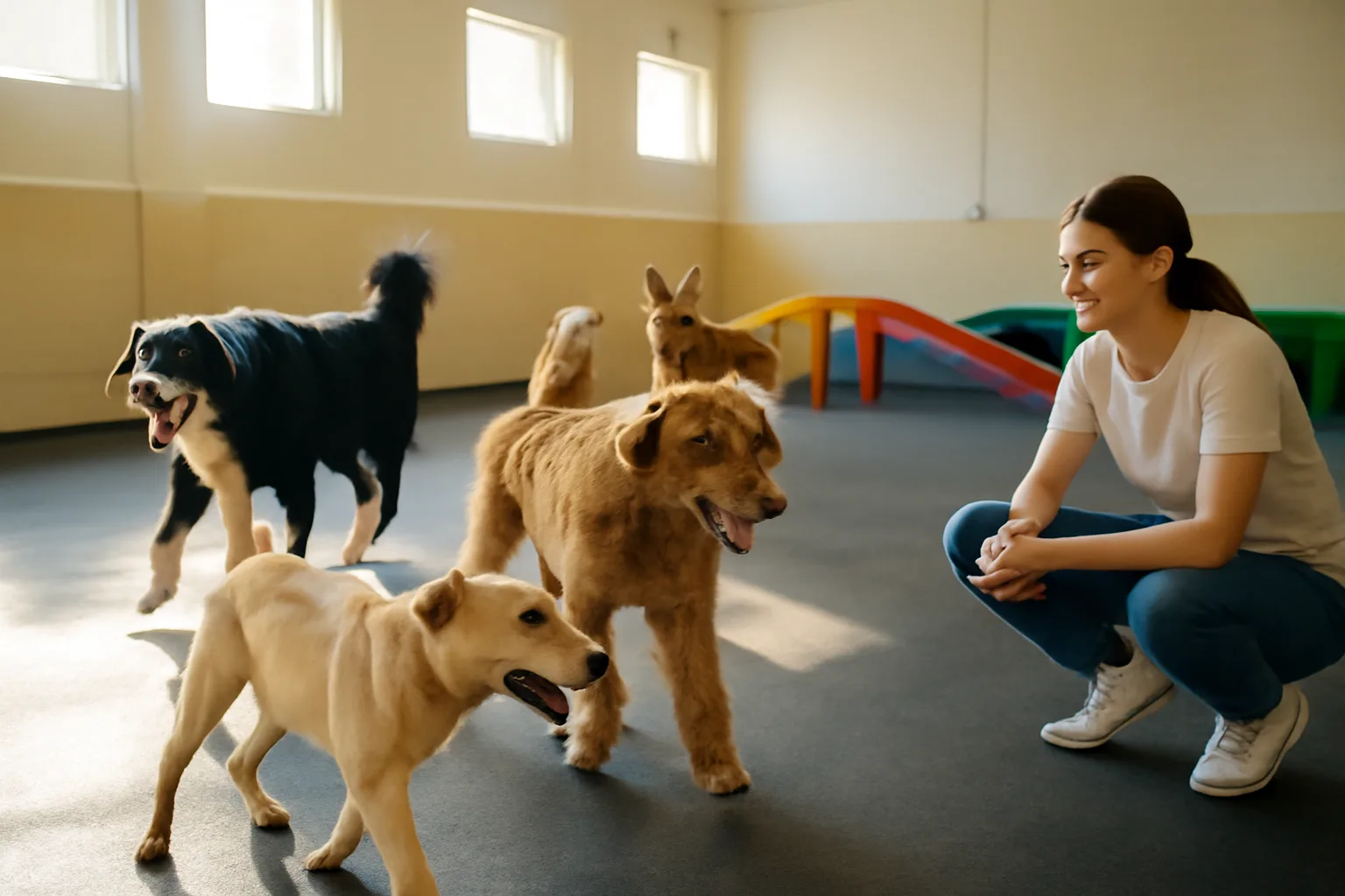 Dogs playing together in a sunlit indoor daycare playroom with rubber flooring
