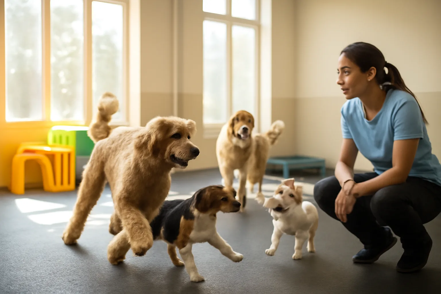 Dogs playing in an open indoor daycare room similar to Dogtopia of New Rochelle