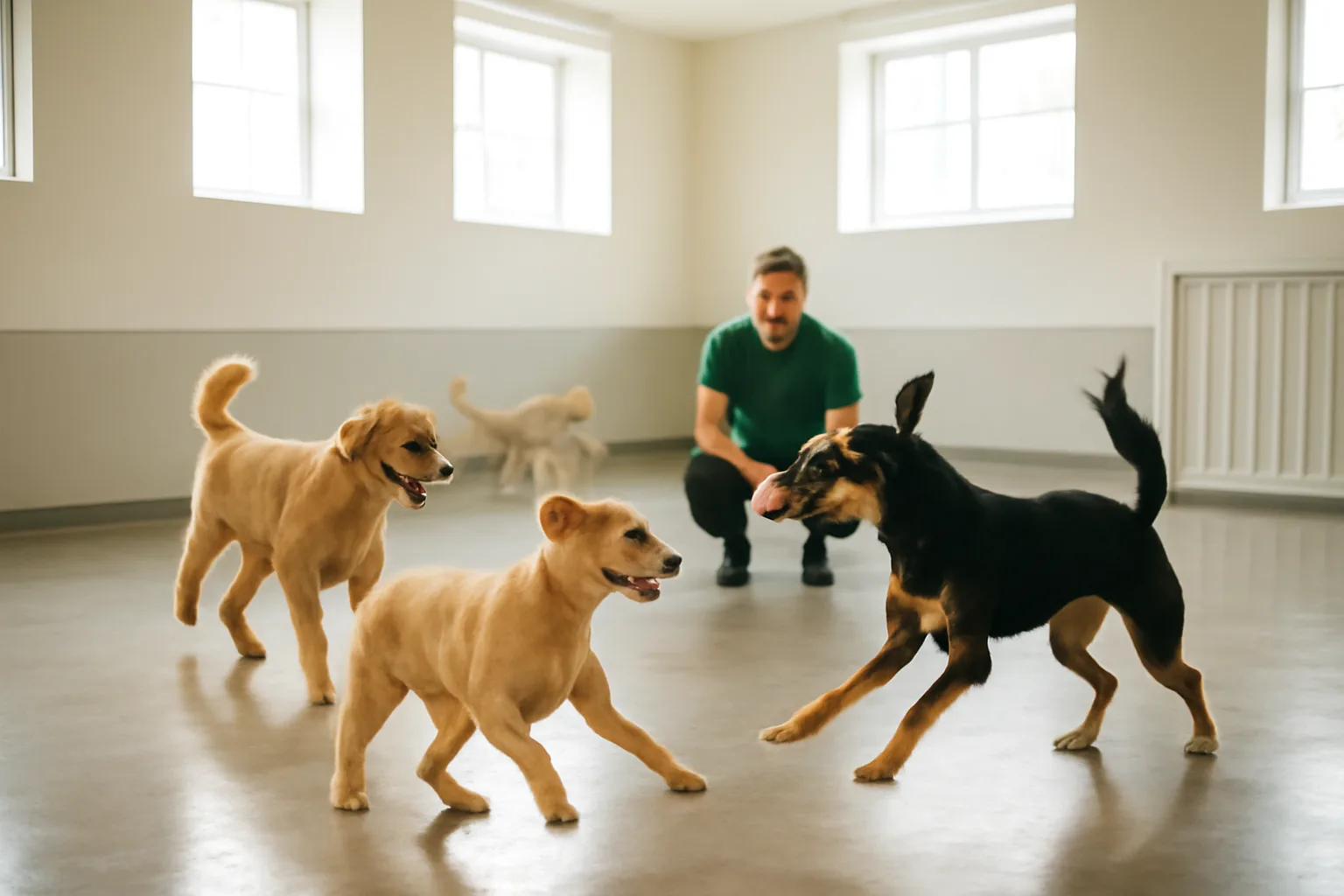 Dogs playing together inside a sunlit commercial dog daycare play area