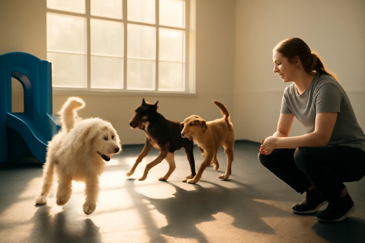 Staff member supervising dogs playing in a bright indoor daycare facility room