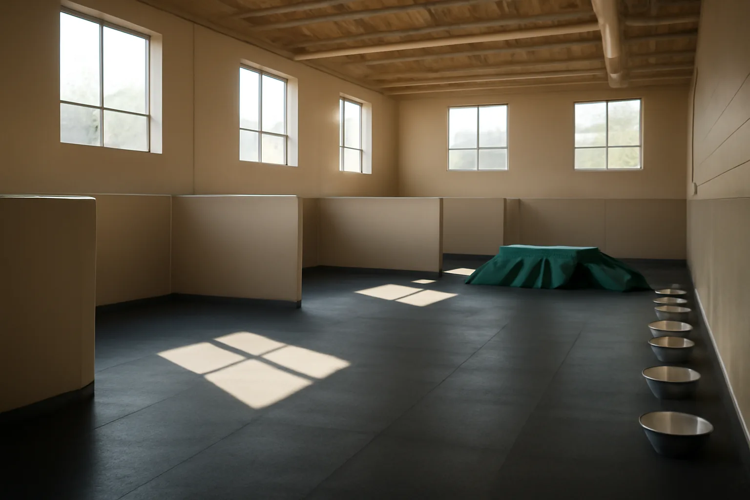 Empty sunlit indoor play area set up for a new doggy day care facility