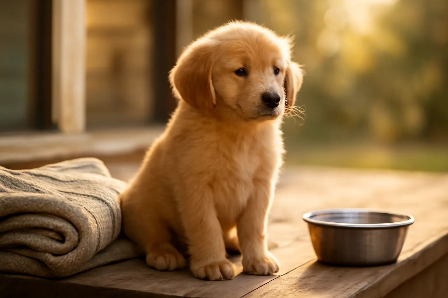 Puppy sitting on a porch step in morning light near a water bowl
