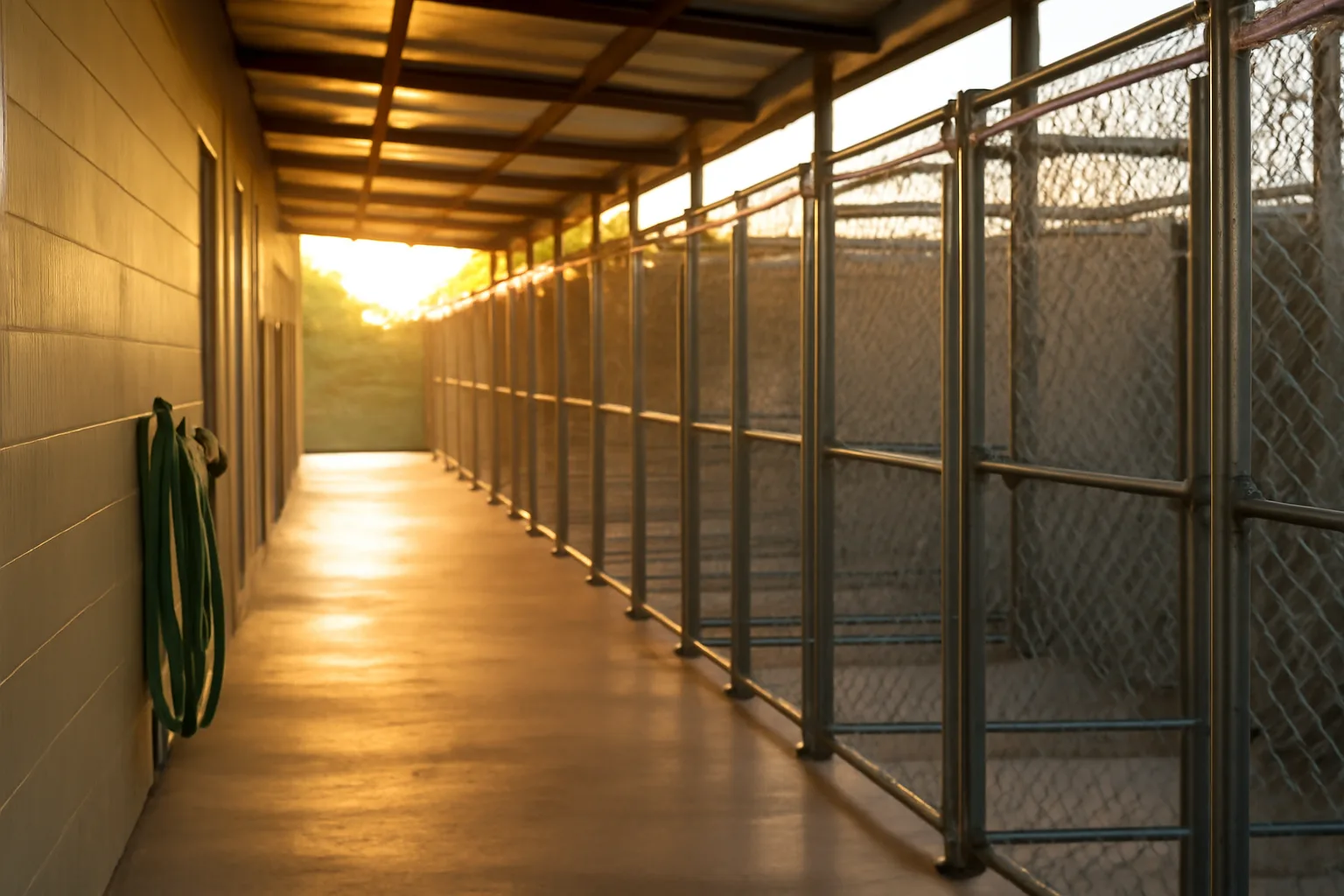 Rows of clean dog kennel runs inside a newly opened pet boarding facility