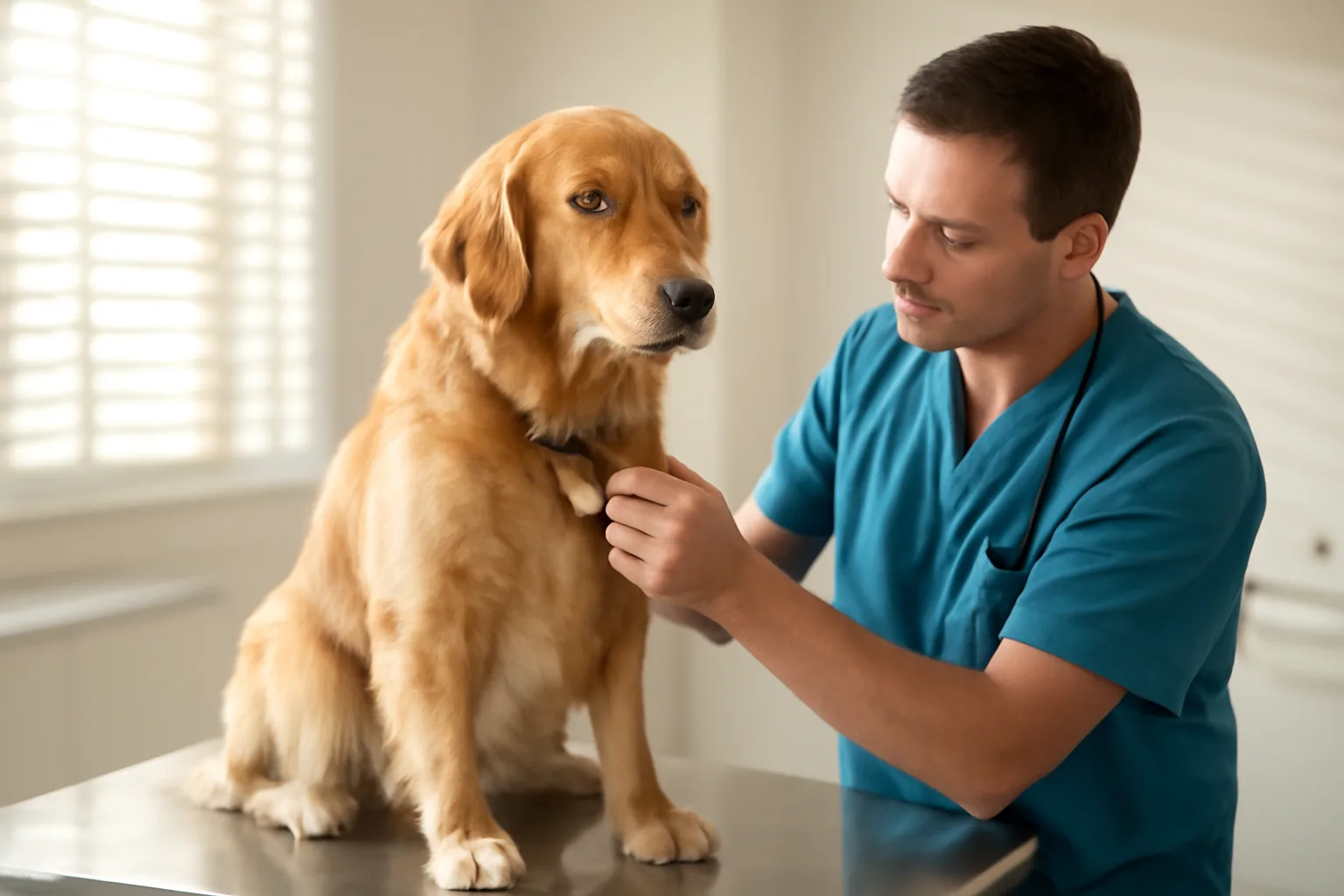 veterinarian checking a dog's collar tag during a licensing and vaccination checkup