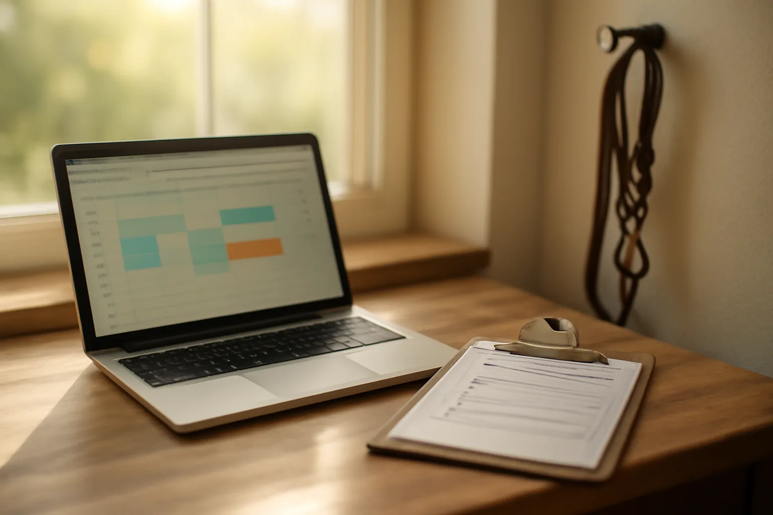Boarding kennel office desk with laptop booking screen and vaccine record clipboard