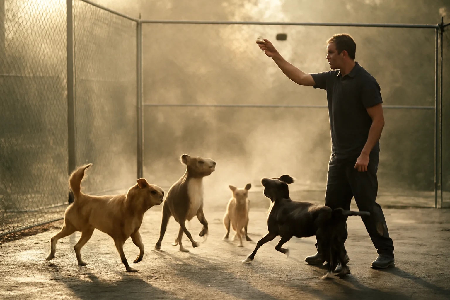 Dogs playing in an outdoor yard at a pet daycare facility in morning light