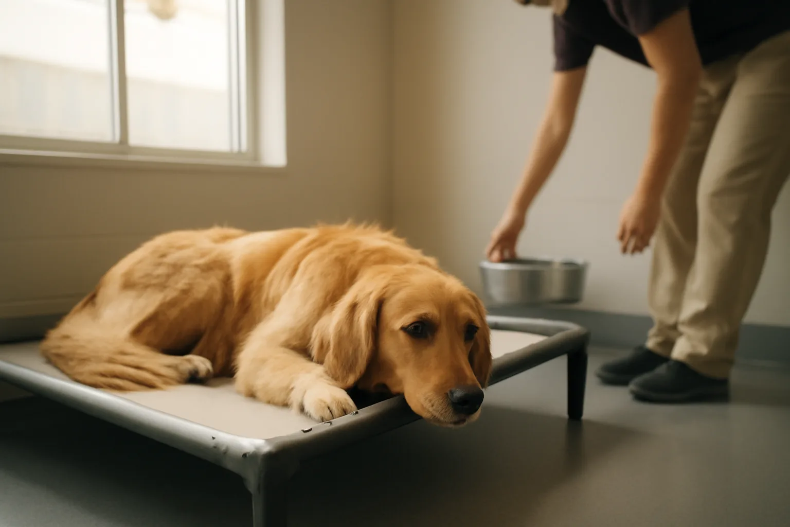 Golden retriever resting in a sunlit pet hotel suite with raised cot