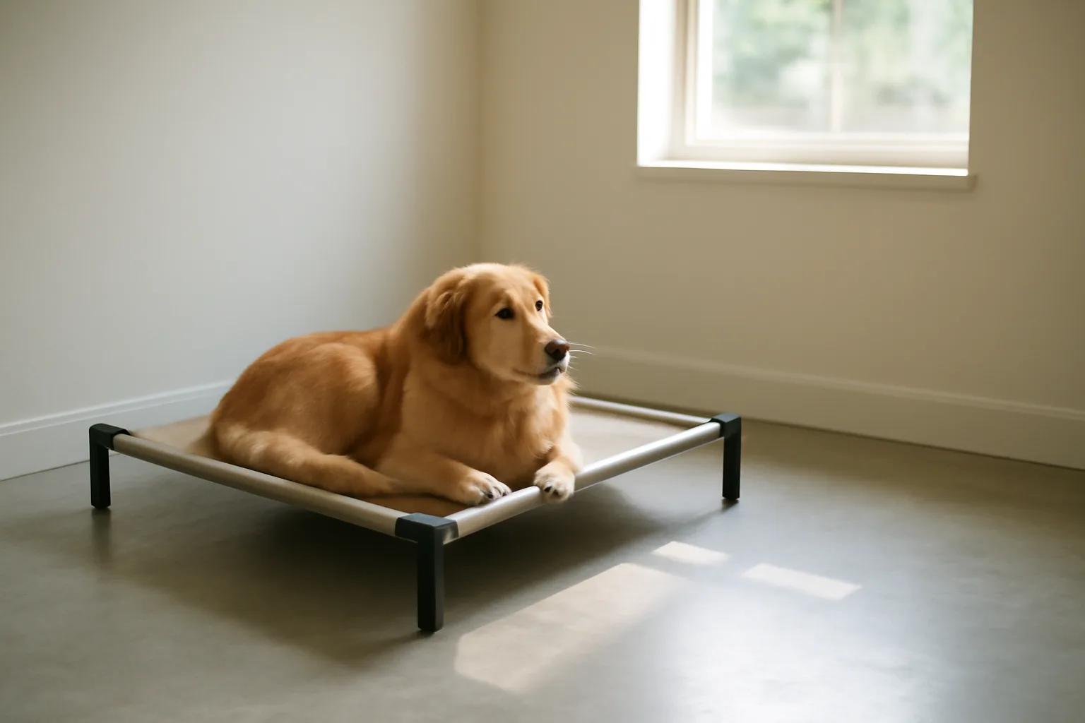Golden retriever resting in a sunlit private boarding suite with raised bed
