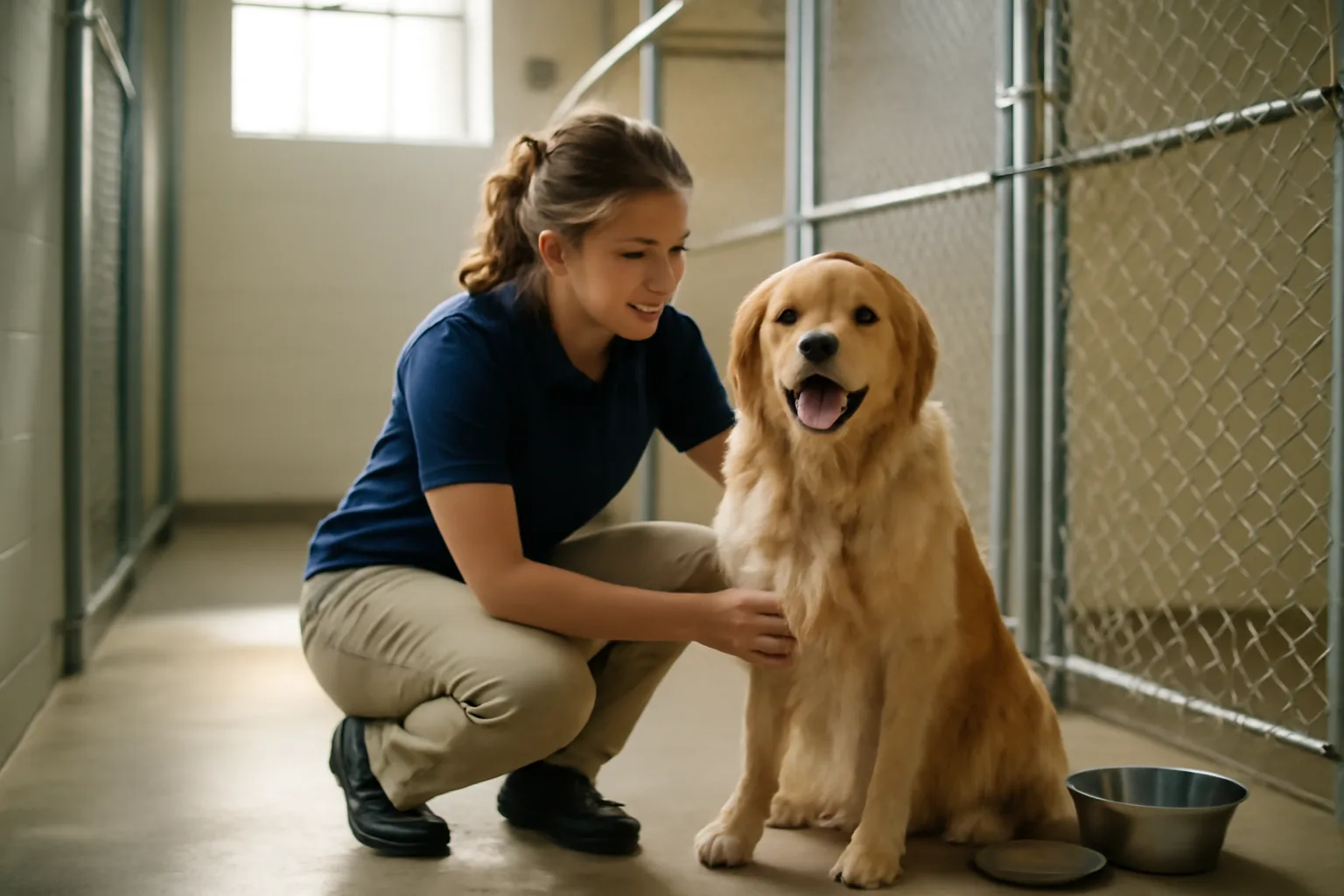 Boarding facility staff member checking in a dog before an overnight stay
