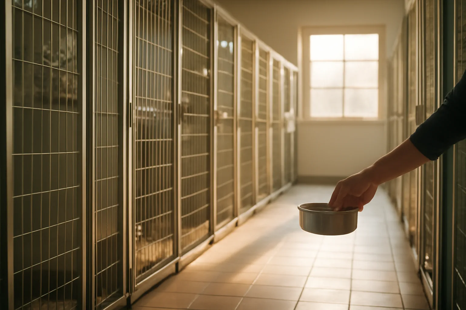 Clean kennel hallway with dog runs in a dog boarding facility