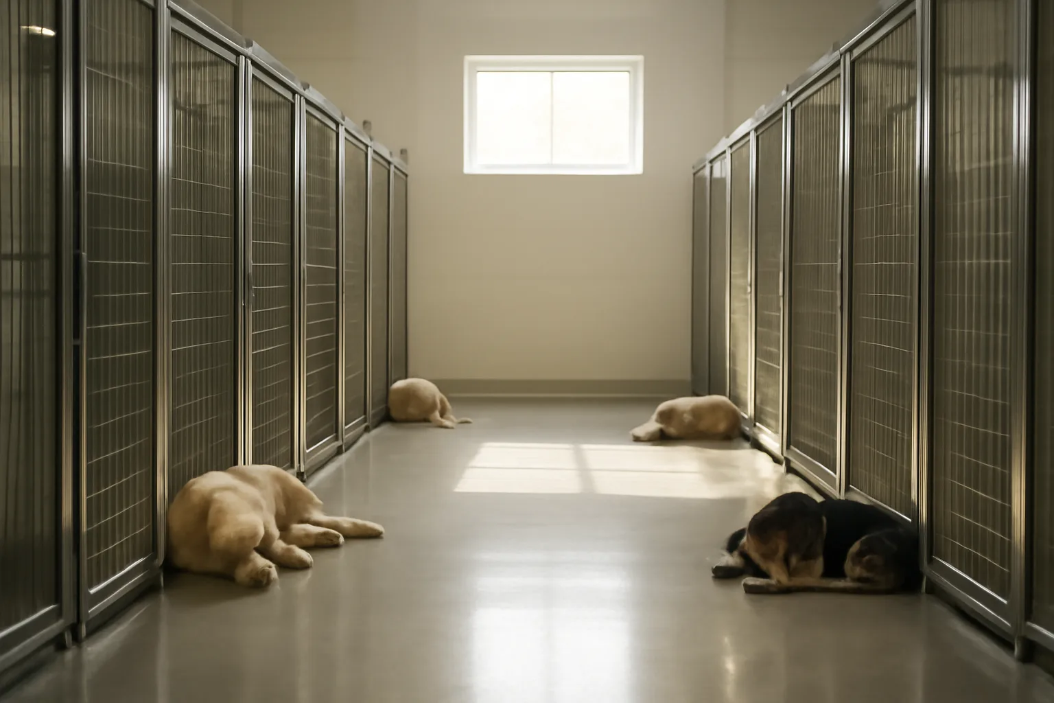 Clean kennel hallway with dog runs at a top rated dog boarding facility