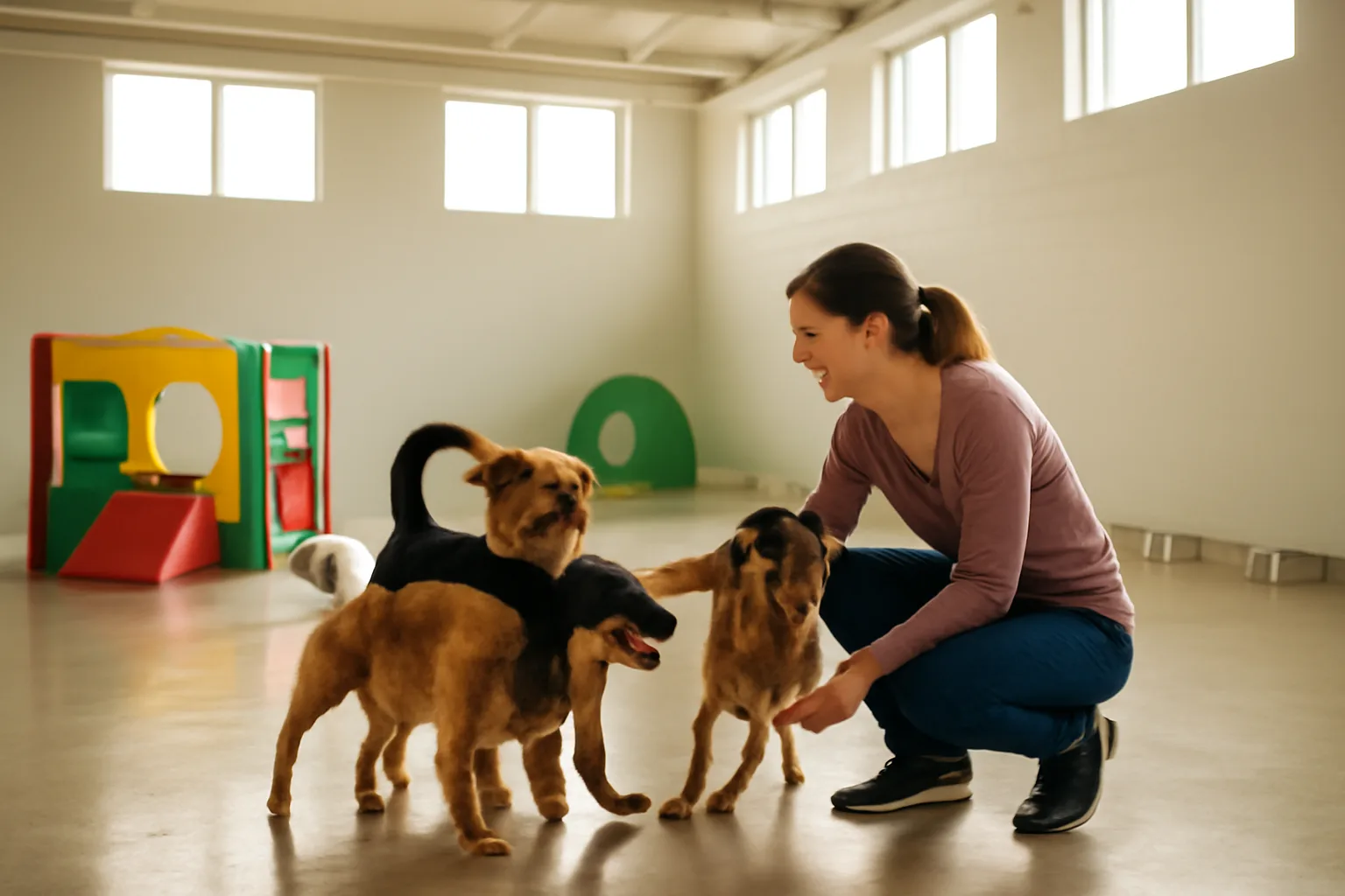 Handler supervising several dogs playing in a bright indoor dog daycare room
