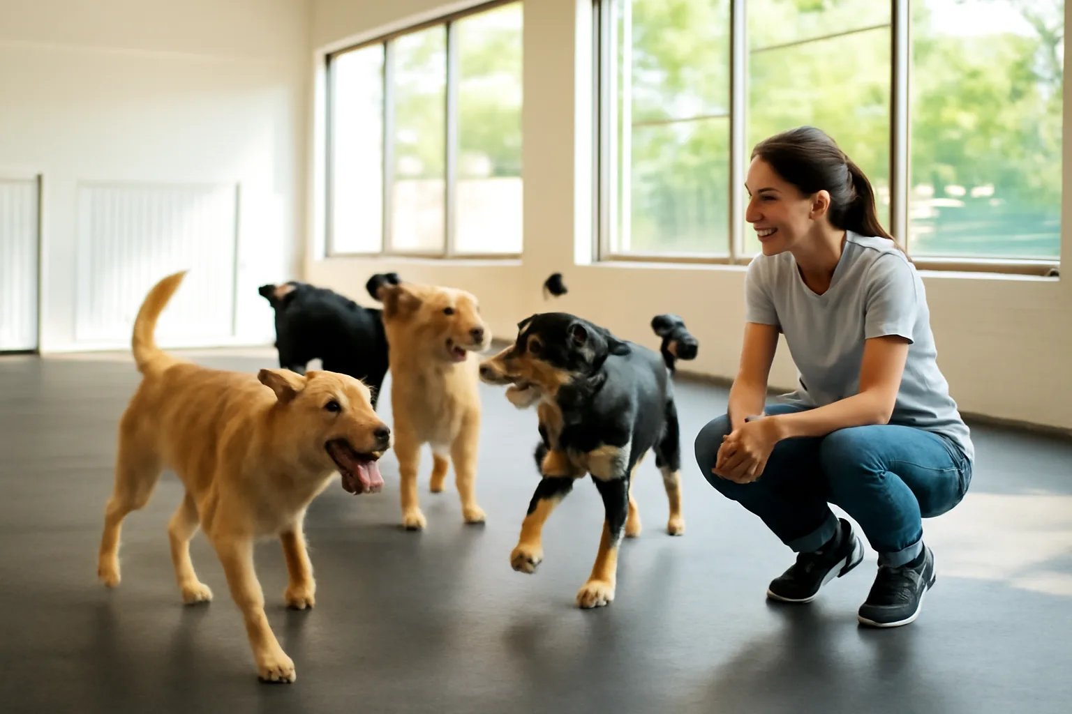 Staff member supervising dogs playing in a sunlit dog daycare facility