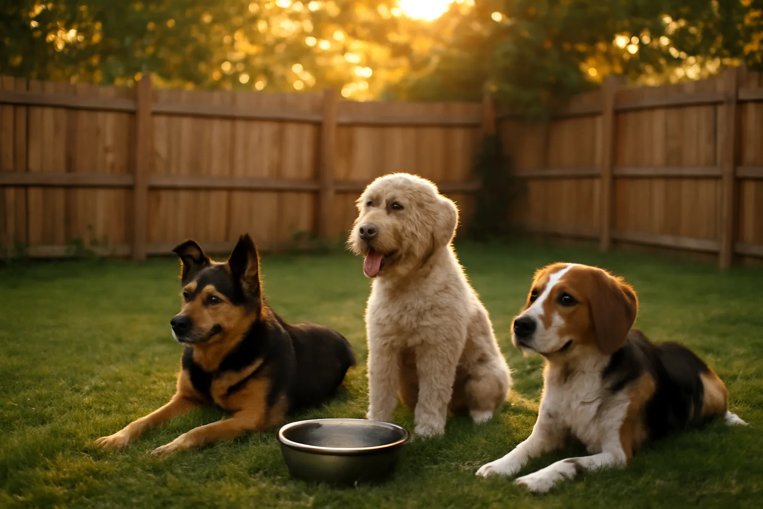 Three dogs resting in a fenced Michigan backyard, illustrating how many dogs you can have in Michigan