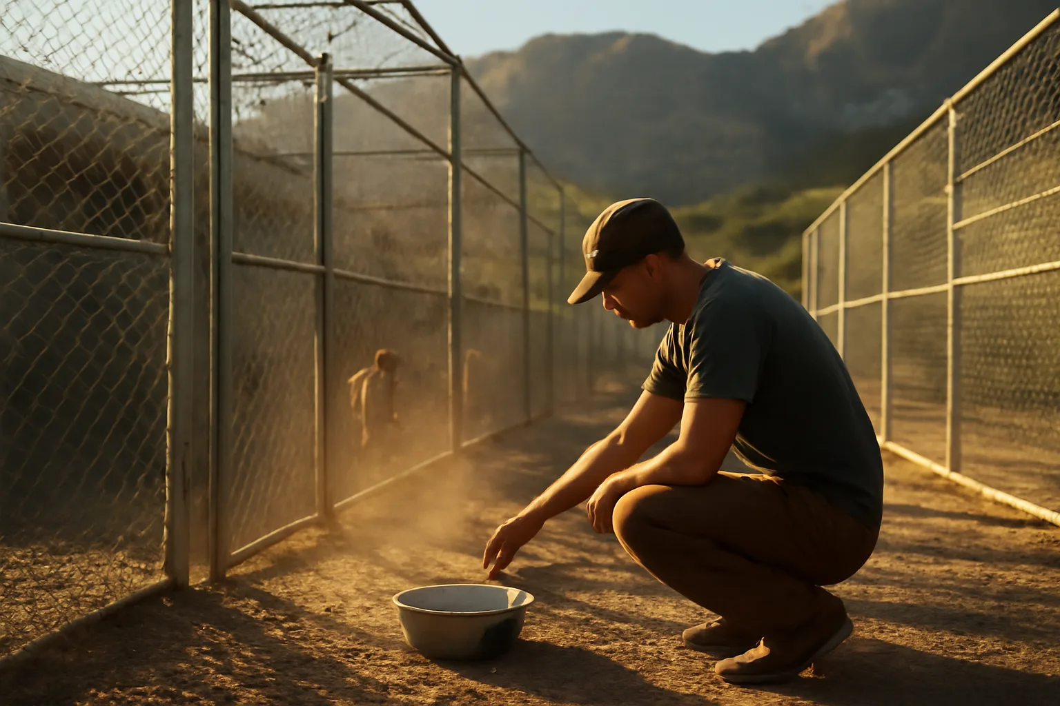 Kennel runs at a Colorado dog boarding facility with mountains visible beyond the fence