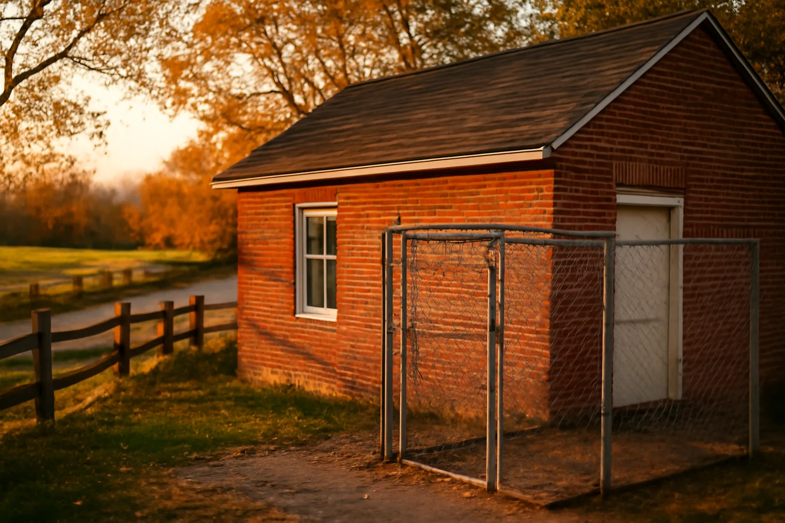 Fenced outdoor dog kennel run beside a brick building in rural Maryland at dusk