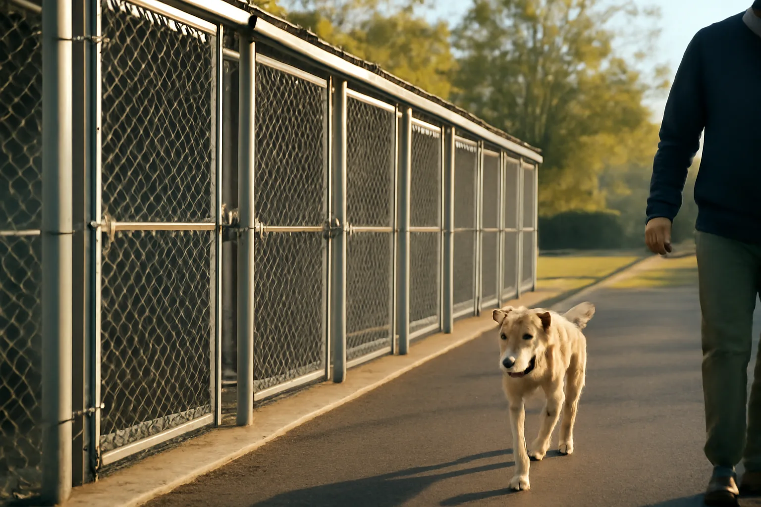 Outdoor kennel runs at a licensed New Jersey dog boarding facility in morning light