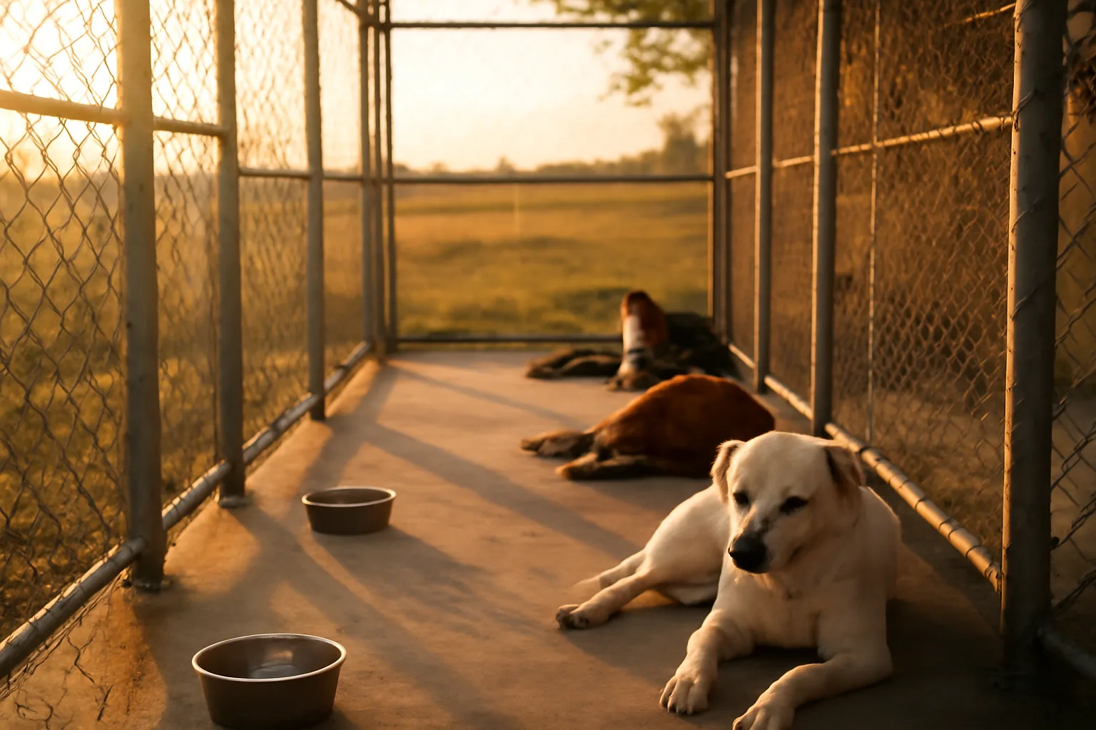Outdoor kennel runs on a Texas boarding facility at golden hour with resting dogs