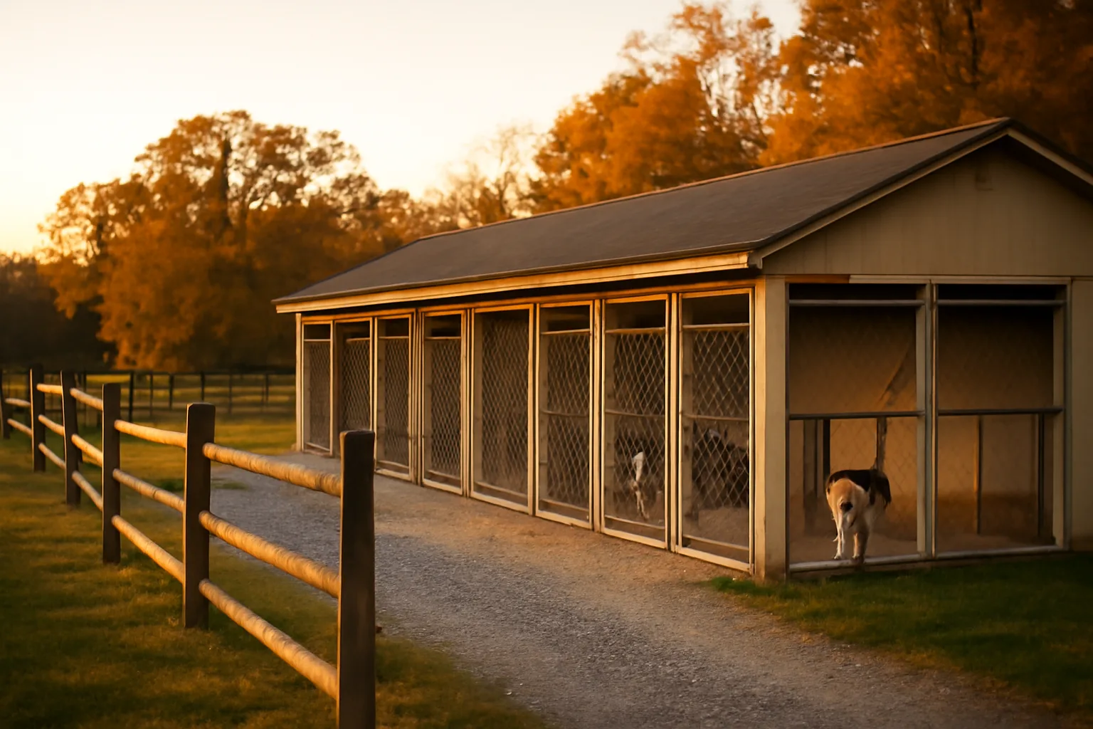 Outdoor dog kennel runs at a rural Virginia boarding facility in late afternoon light