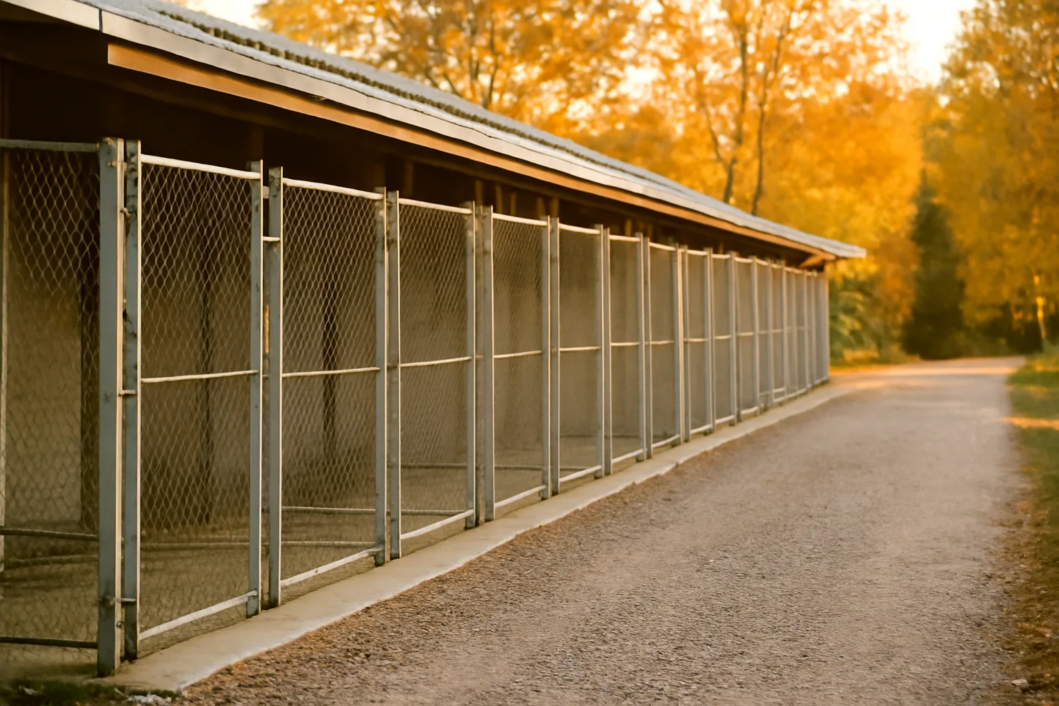 Outdoor dog runs at a Minnesota pet boarding kennel facility in autumn light
