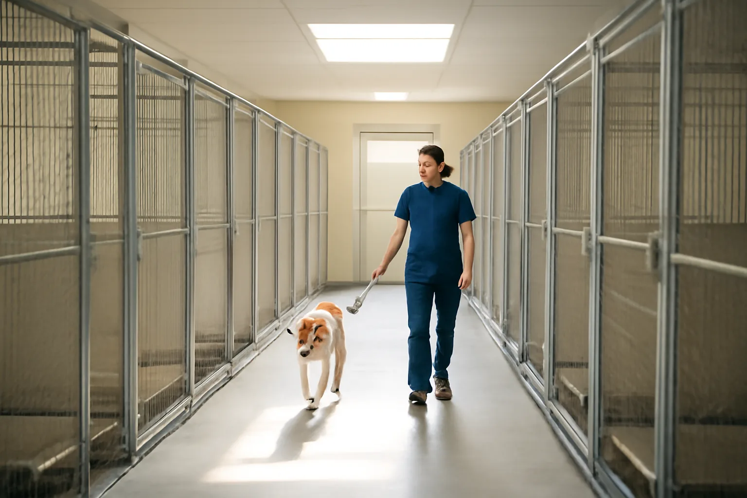 Kennel hallway with dog runs showing affordable dog boarding facility interior