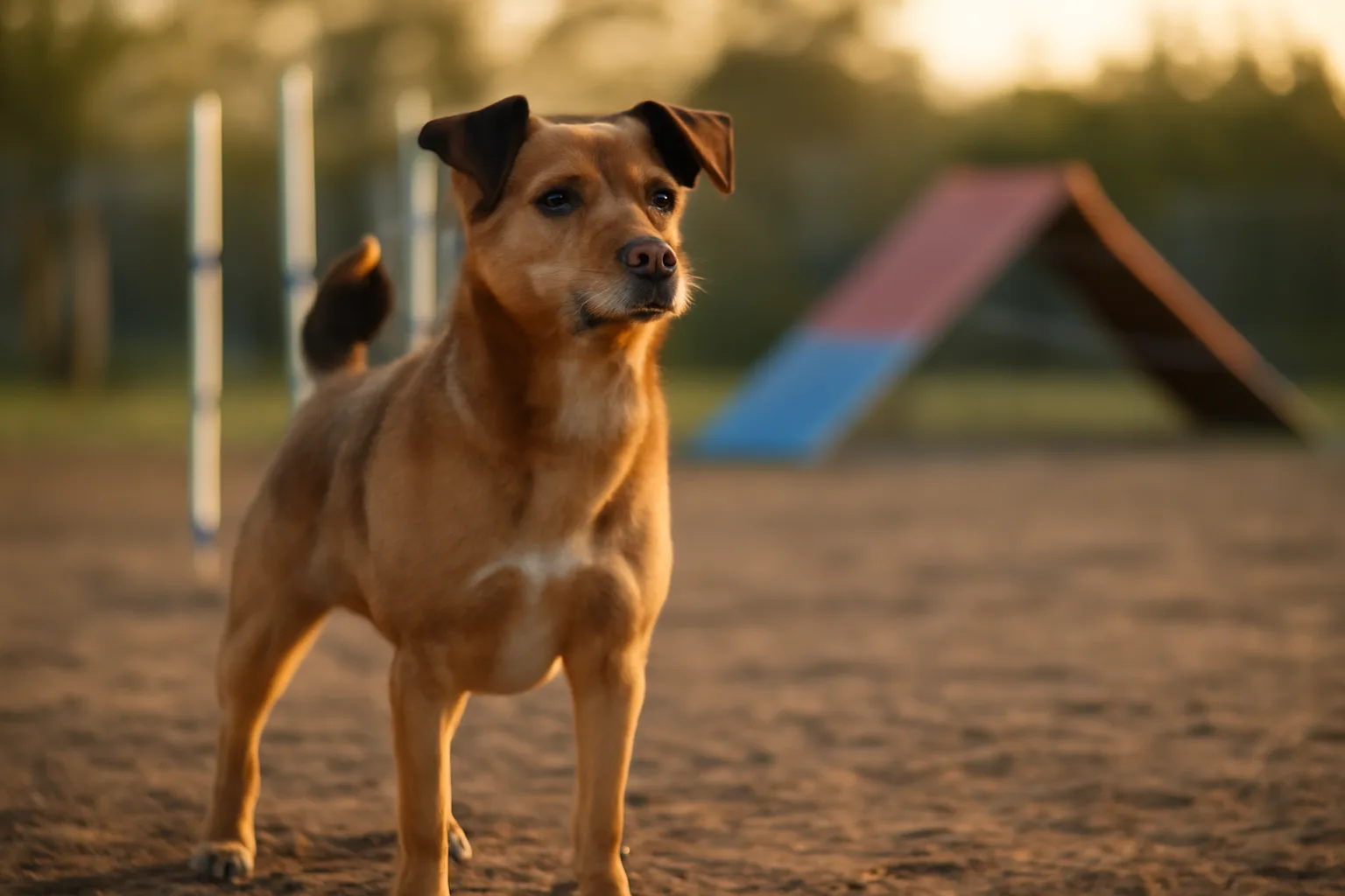 Mixed-breed dog standing in an outdoor agility yard at sunset