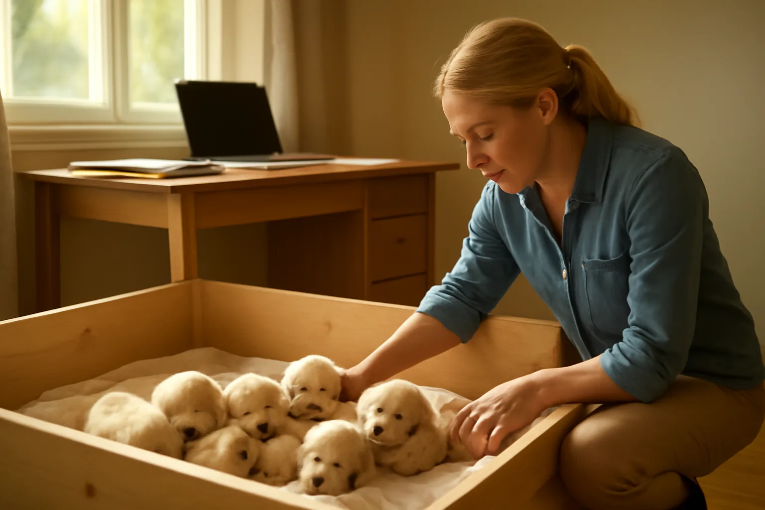 Breeder with puppies and a laptop reviewing AKC breeder registration paperwork at home