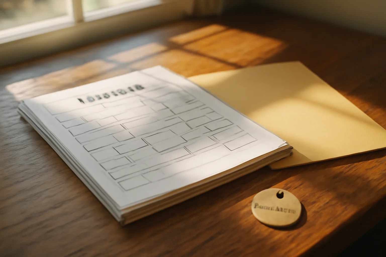 Desk with dog pedigree papers, vaccination tag, and folder in soft morning light