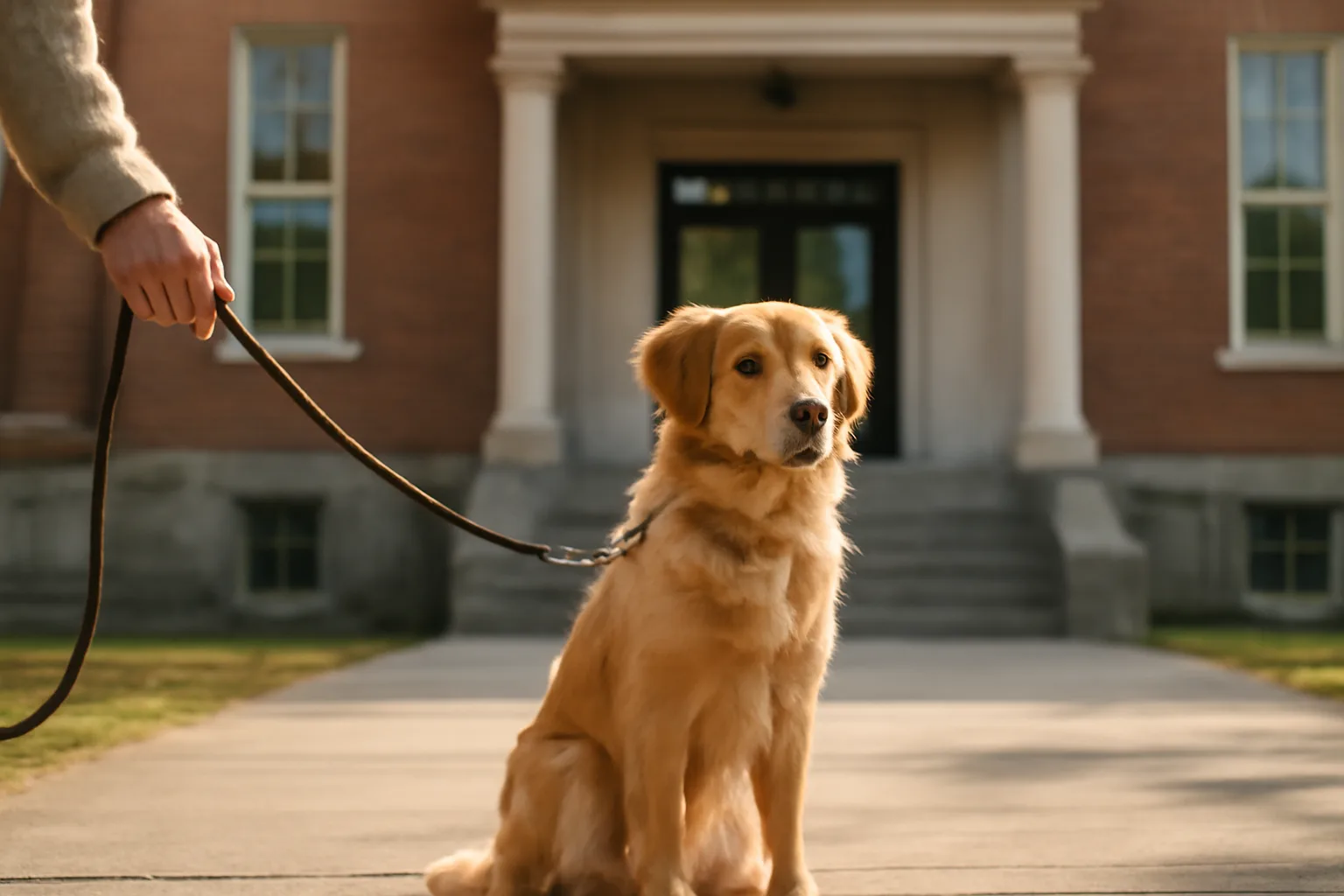 Dog on a leash outside a county government office for licensing