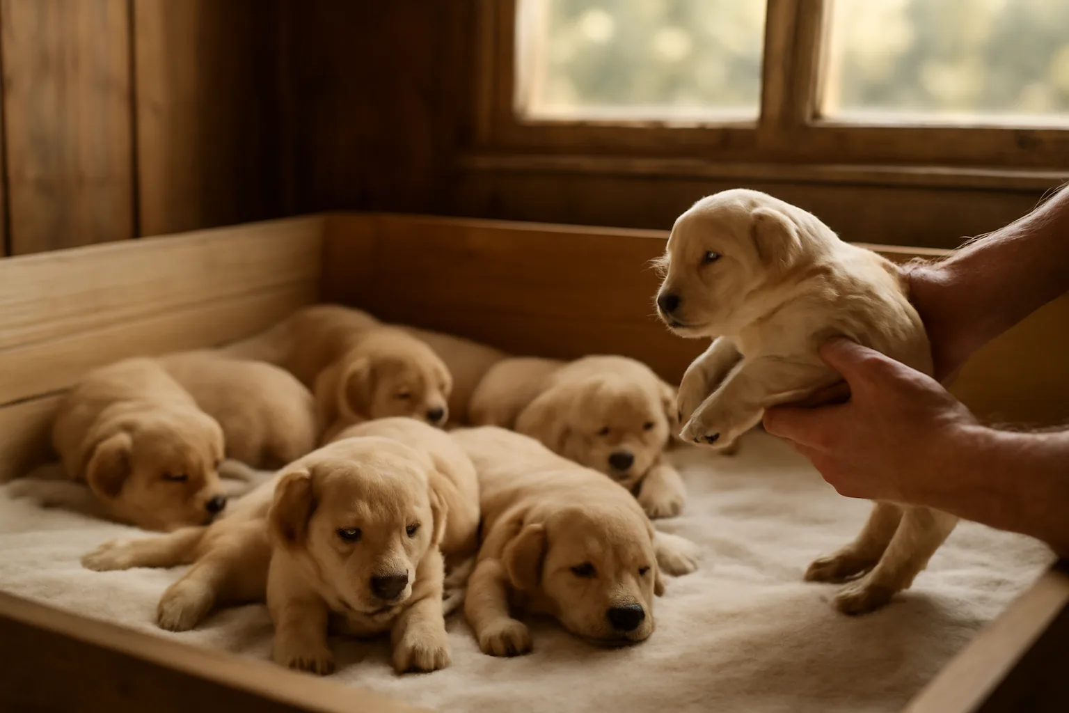 Breeder checking a purebred puppy in a whelping box with littermates nearby