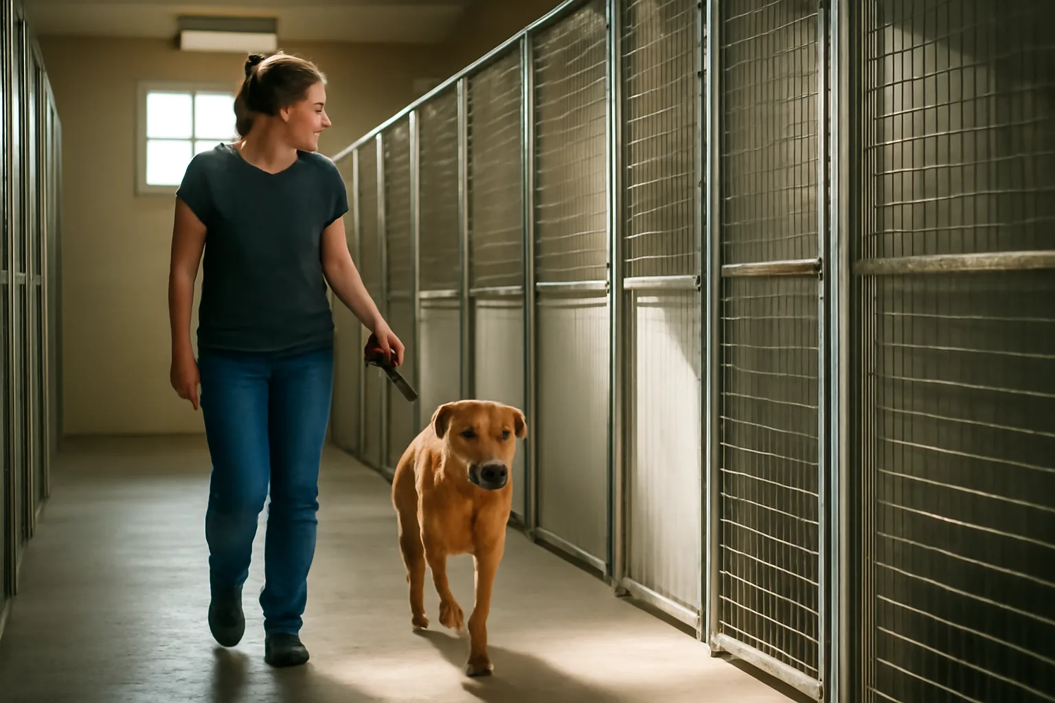 Boarding kennel hallway with sunlit dog runs and a staffer walking a leashed dog
