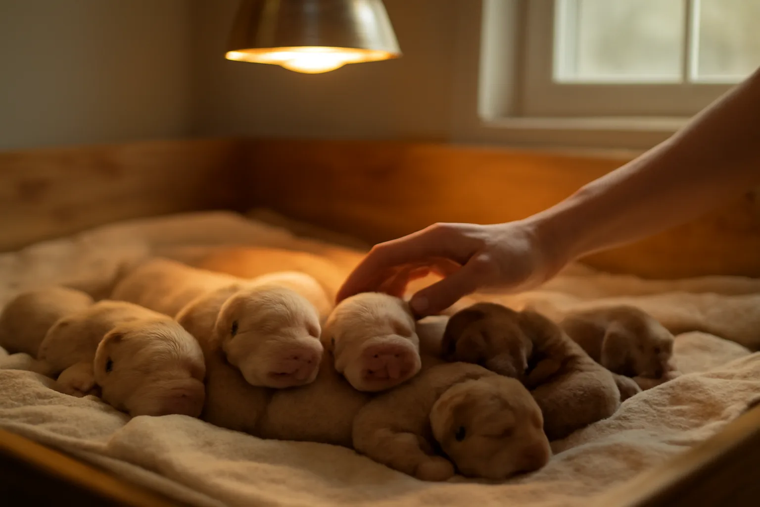 Newborn puppy litter in a whelping box during an AKC litter registration check