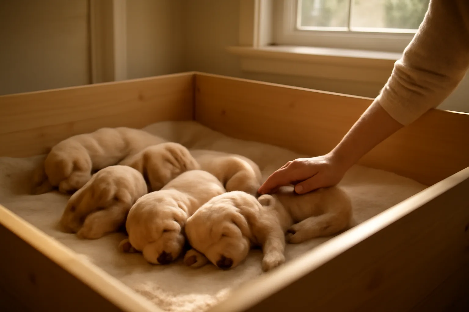 Litter of purebred puppies resting in a whelping box in morning light