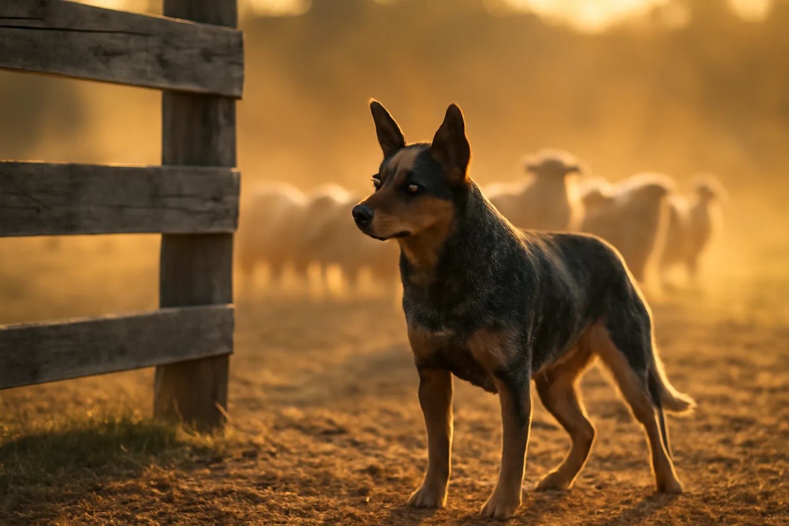 Working stock dog standing near a fence with sheep in a pasture at sunset